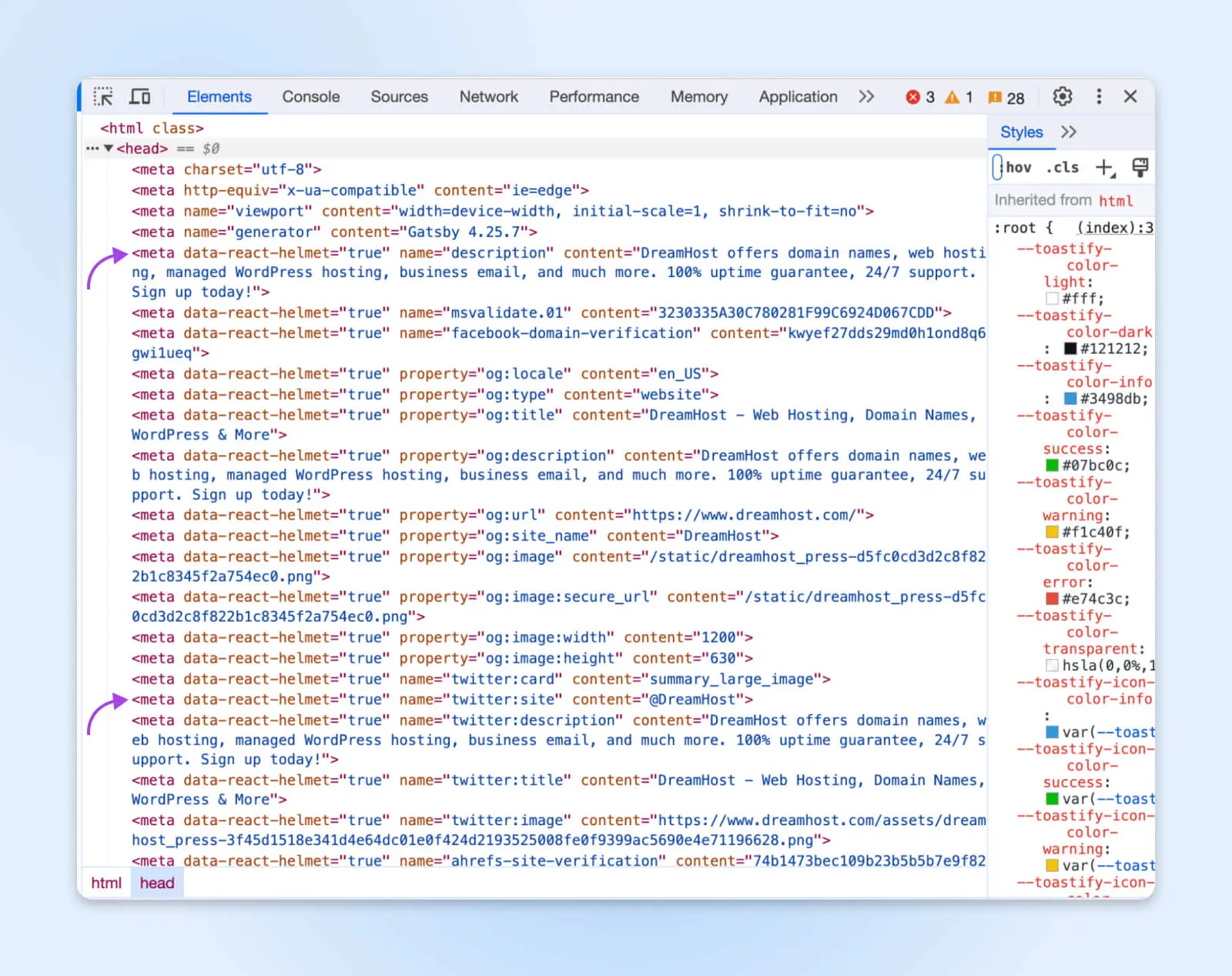 lungo campo di ispezione elemento che indica i campi "meta data", uno per DreamHost e uno per twitter con og:titles