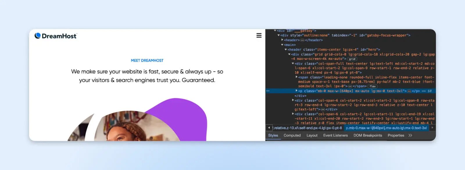 primo piano della pagina web dreamhost con ispeziona elemento che evidenzia un codice <p class>