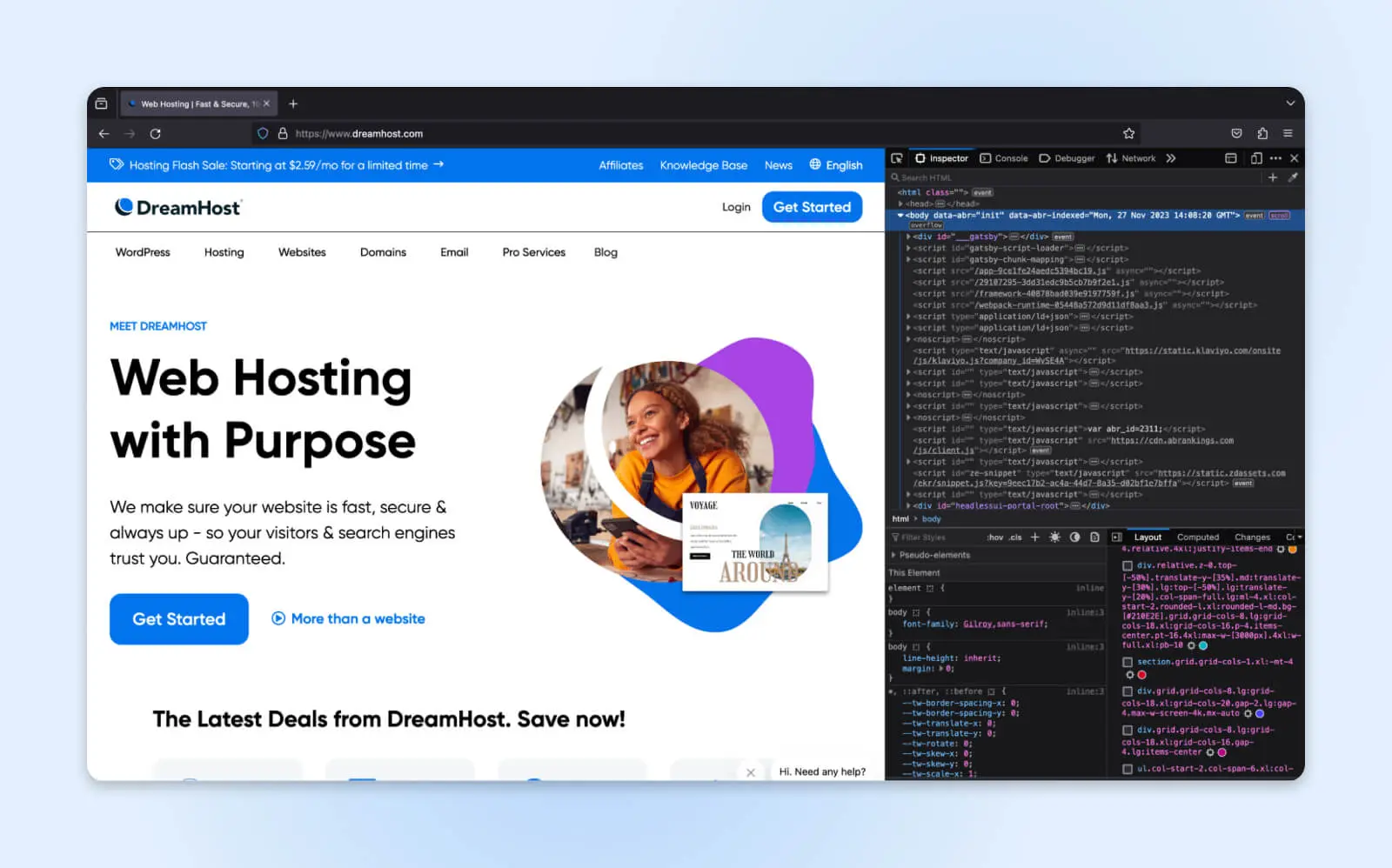 stessa pagina dreamhost che mostra la casella di ispezione elemento in firefox