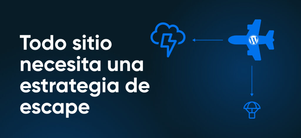 Concepto de estrategia de salida de un sitio web ilustrado con un ícono de sitio WordPress conectado a una copia de seguridad en la nube y un paracaídas, destacando la importancia de planificar la migración de datos y la portabilidad del sitio.