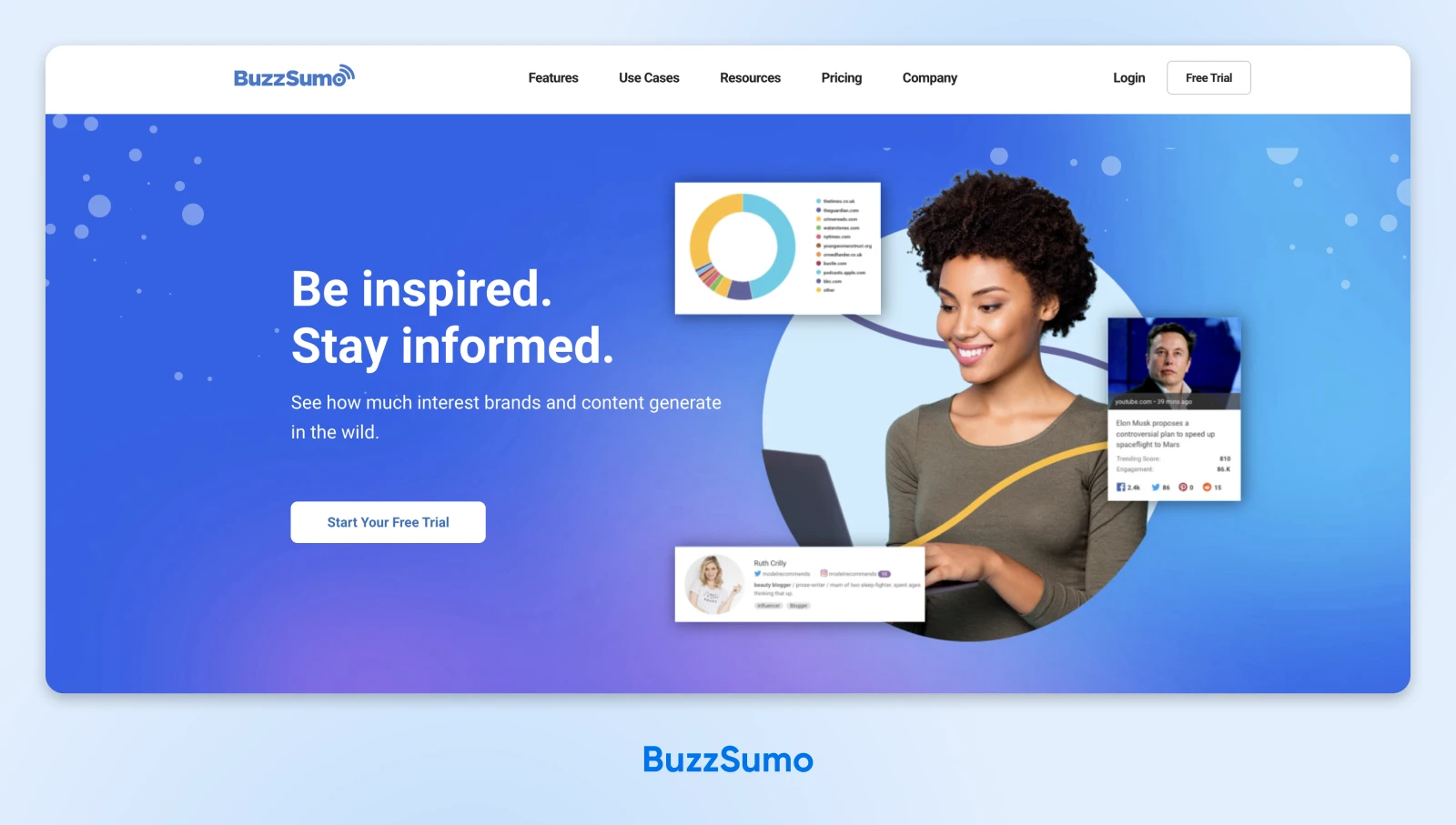 Buzzsumo homepage with header "Be inspired. Stay informed."