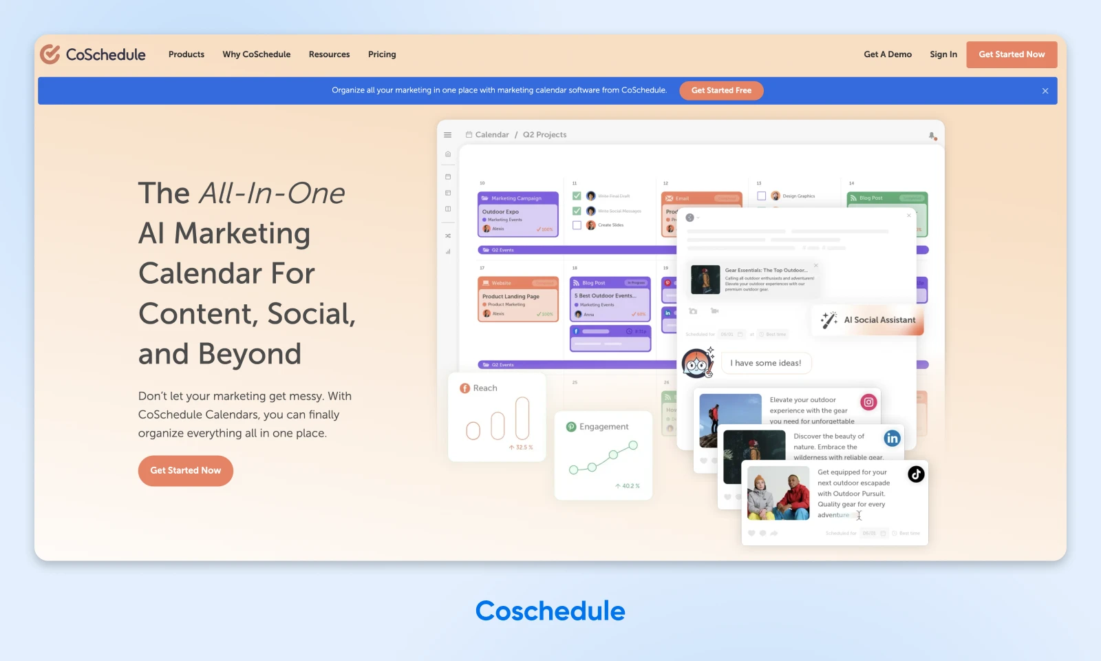 CoSchedule homepage with header "The All-in-One AI Marketing calendar for content, social, and beyond."