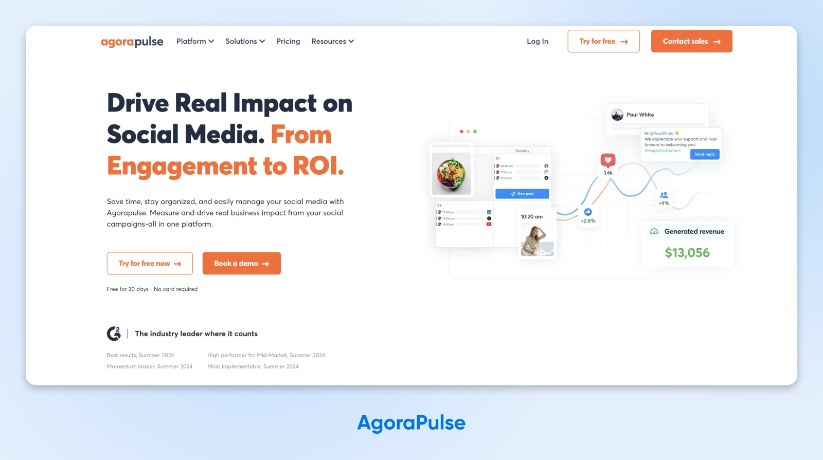 AgoraPulse homepage with header "Drive real impact on social media. From engagement to ROI."