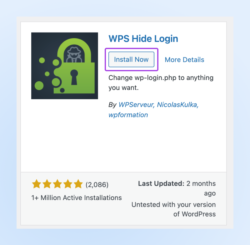 Скриншот плагіна WPS Hide Login з рамкою навколо кнопки "Встановити зараз", розташованої прямо під назвою плагіна