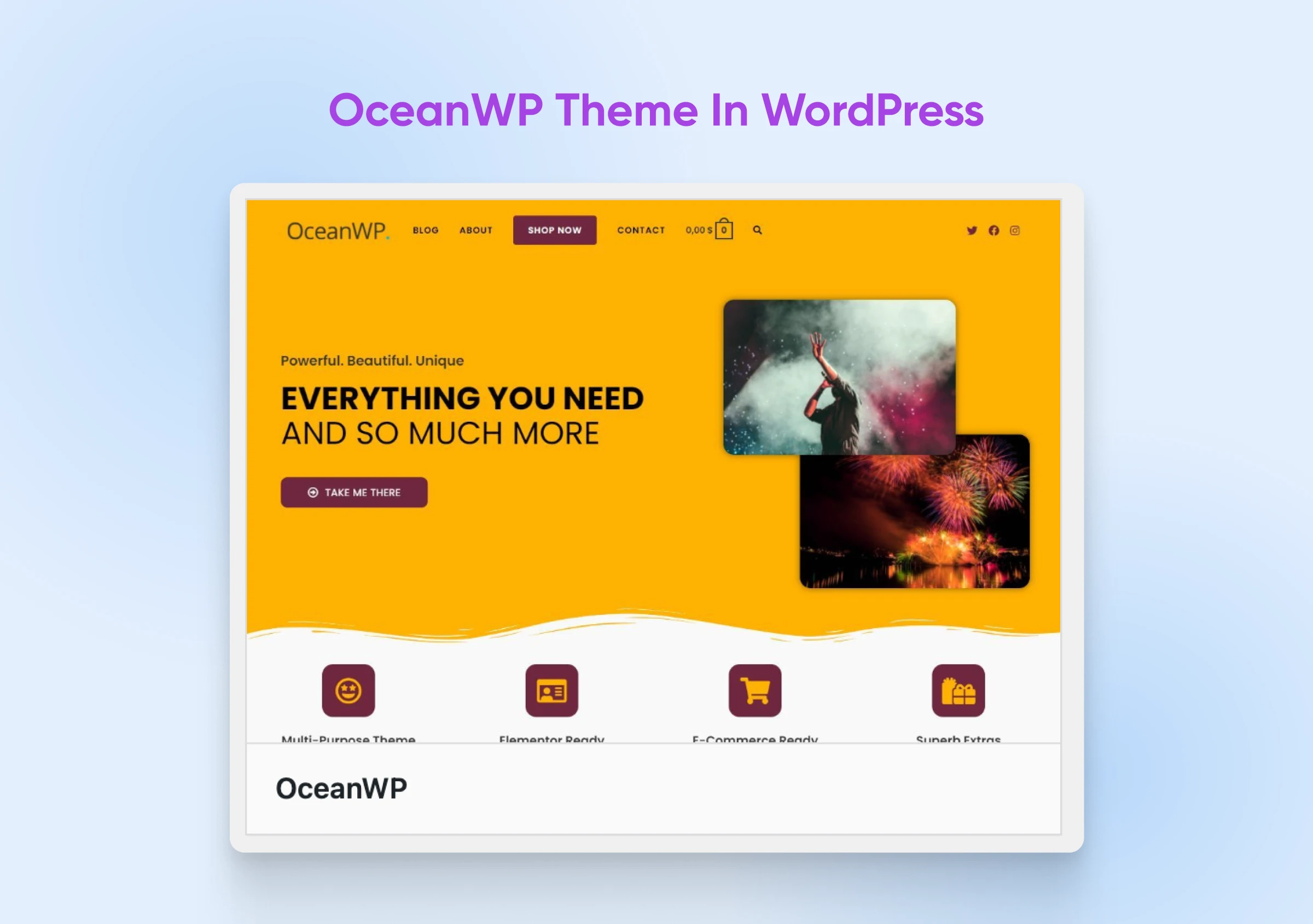 OceanWP's dialog box screenshot with the tagline, "EVERYTHING YOU NEED AND SO MUCH MORE" and a CTA button.