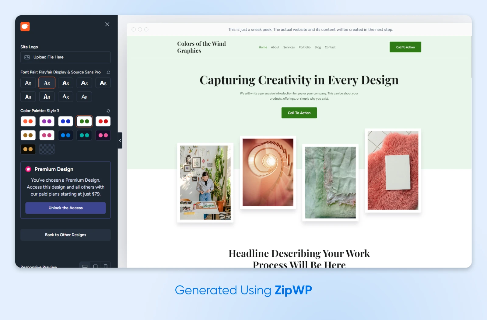 screenshot of ZipWP showing the step where the user can change font, colors, and other design elements
