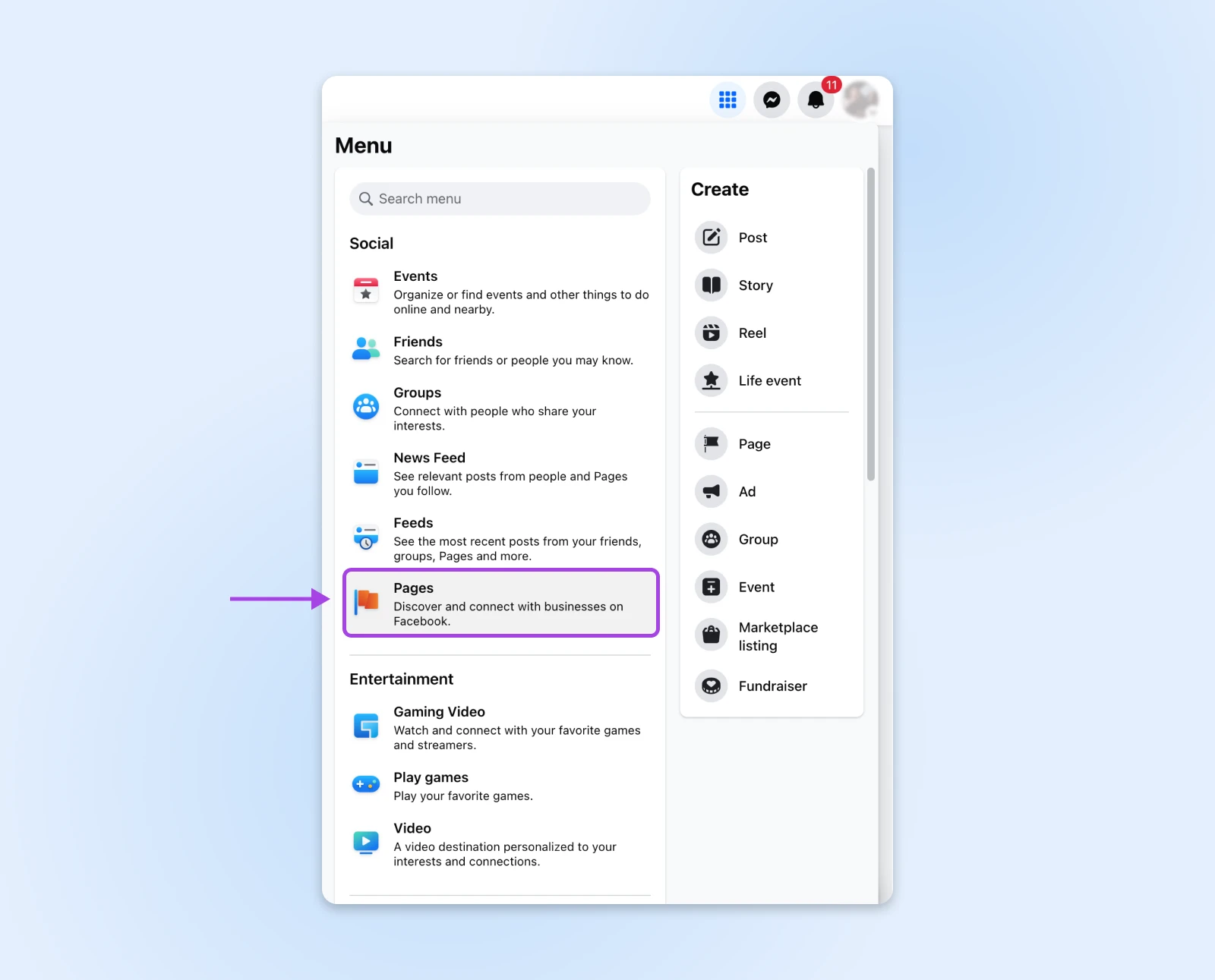 Interface du menu Facebook montrant les options de navigation et les outils de création, avec une flèche violette pointant vers la section Pages