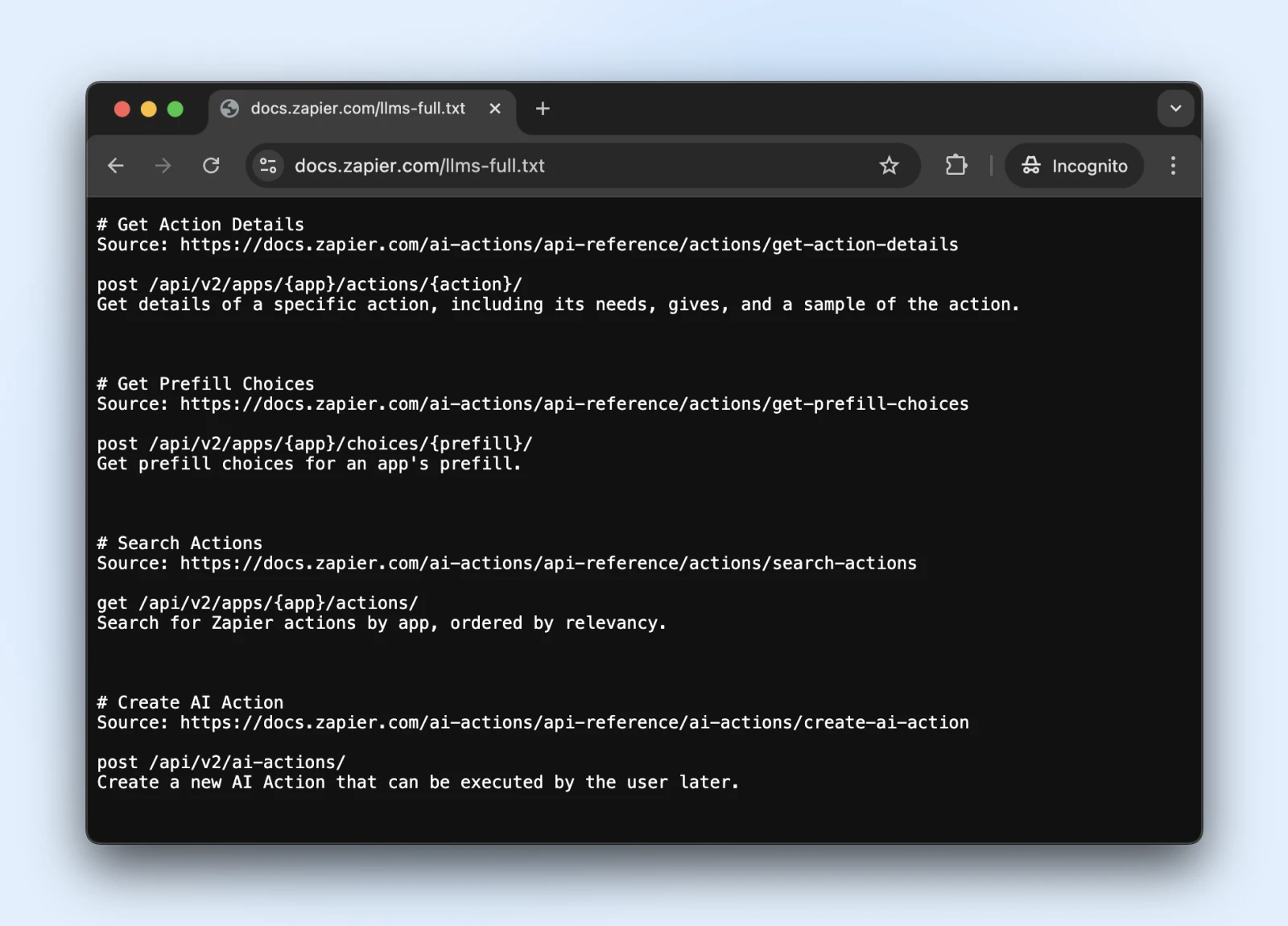 Документация Zapier API, показывающая конечные точки для Получения деталей действия, Получения предварительно заполненных вариантов, Поиска действий и Создания действия ИИ с их соответствующими HTTP-методами и описаниями.