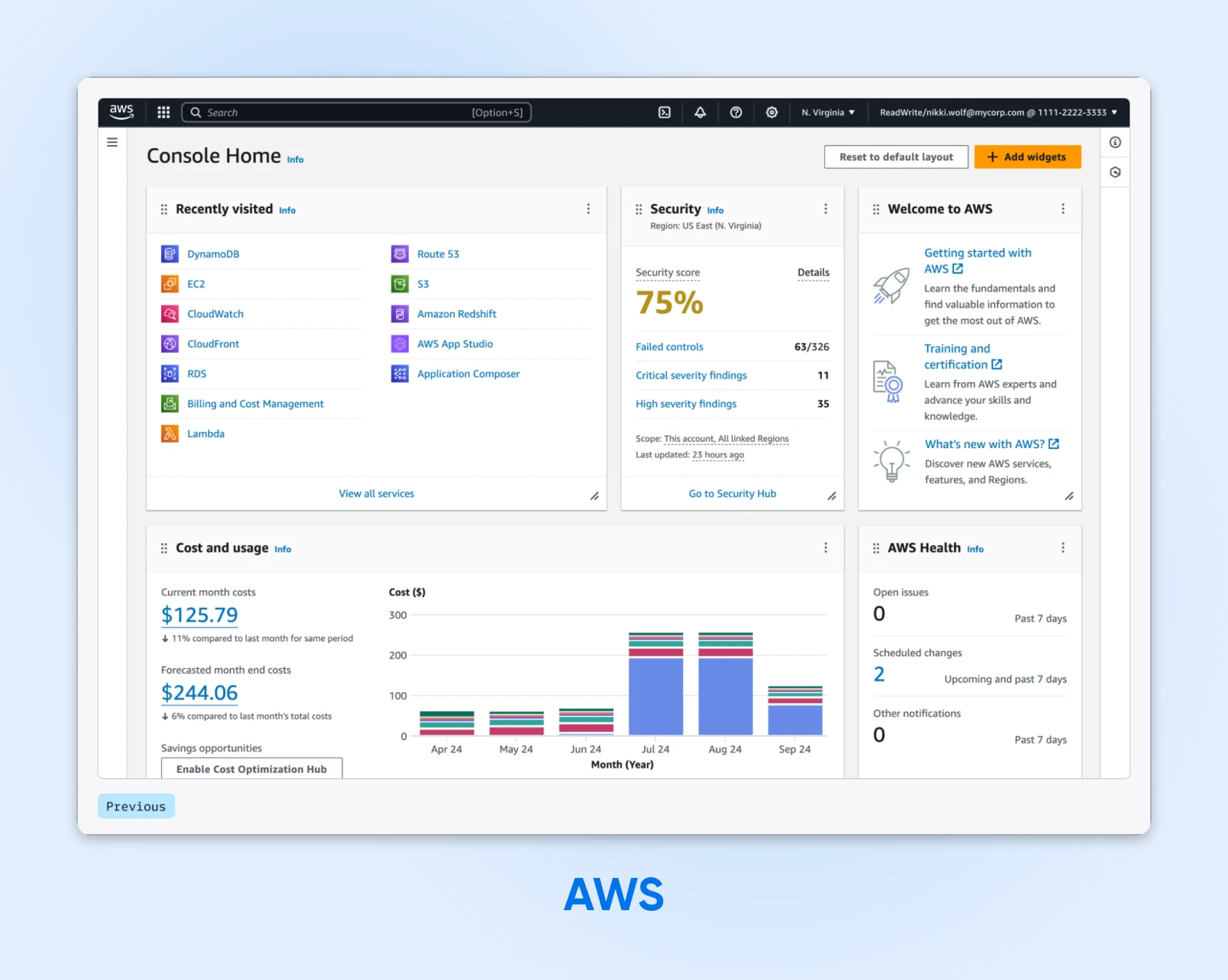 AWS console dashboard displaying recently visited services, 75% security score, monthly costs of $125.79, health status, and getting started resources.